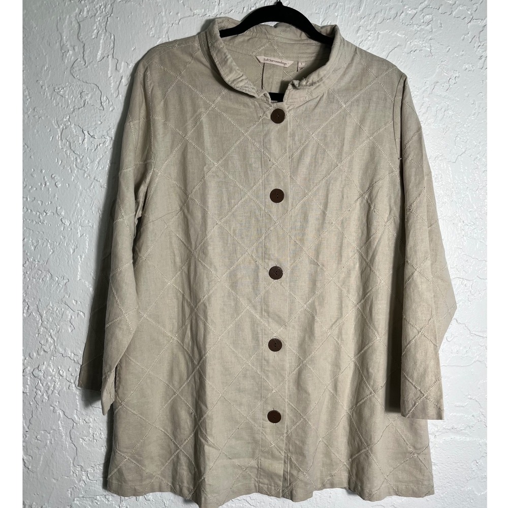 Soft‎ Surroundings Linen Cotton Quilted Diamond Button Front Tunic Top Beige L